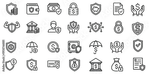 Financial security and insurance icons depicting shields, money, wallets, and banking symbols, piggy bank