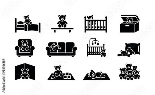 Collection of teddy bear icons showing various playful and resting positions