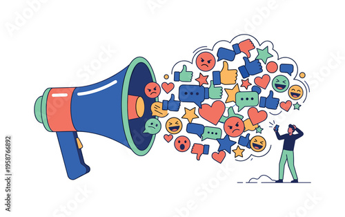 Megaphone broadcasting social media icons and emojis to a person holding a phone