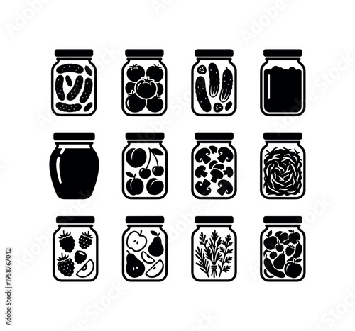 Collection of various preserved foods in glass jars, vector icons