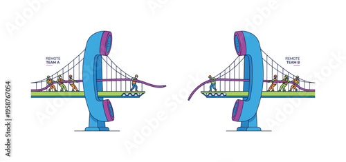 Teams building a bridge connection using a giant telephone as support structure