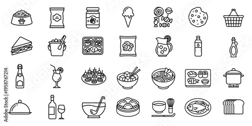 Assorted food and beverage icons in a simple, clean line drawing style for various uses, ice cream