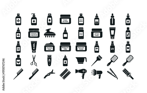 Collection of black and white icons representing hair care and styling products and tools