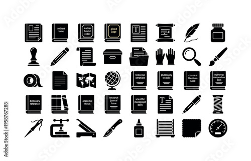 Collection of antique and historical document and book icons