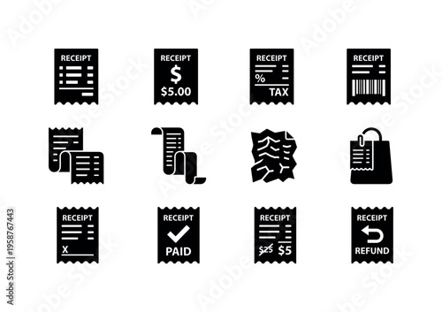 Collection of receipt icons representing various financial transactions and documents