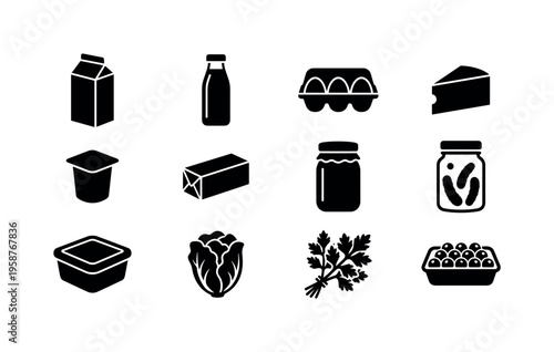 Collection of common grocery items and fresh produce icons
