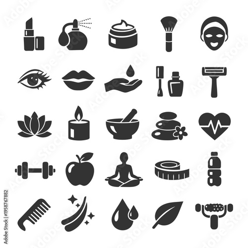 Beauty and wellness icons: skincare, relaxation, fitness, meditation, healthy living.