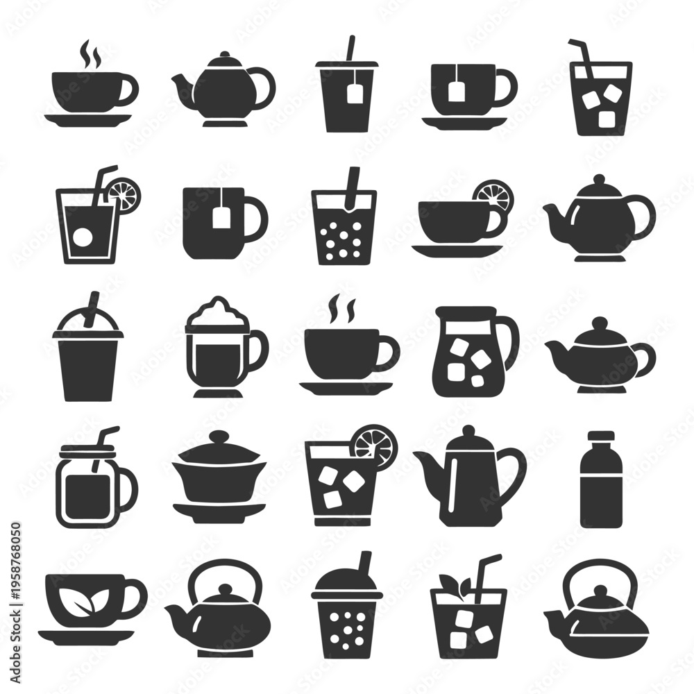 Obraz premium Variety of tea and coffee beverage icons featuring cups and teapots.