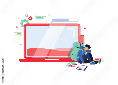 Student exhausted by low battery and endless tasks on laptop