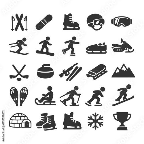 Winter sports icons: skiing, snowboarding, ice skating, equipment, activities.