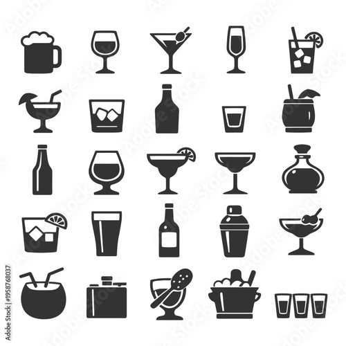 Set of drink icons including cocktails, beer, glasses, and bottles in black silhouettes.