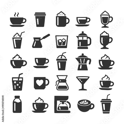 Coffee icon collection: cups, mugs, espresso, french press, cappuccino.