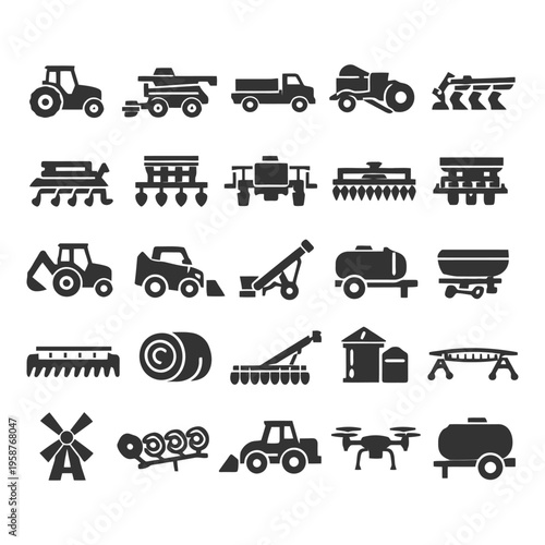Icons of agricultural machinery: tractors, harvesters, drones, and more.