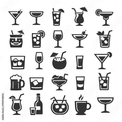 Variety of cocktail and drink icons in silhouette style.
