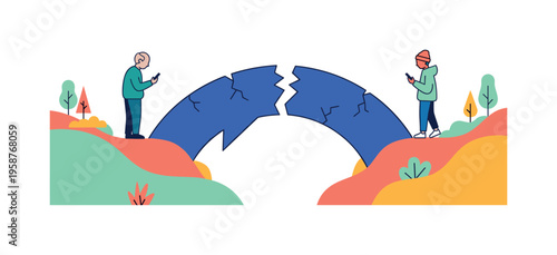 Generational communication gap illustrated by a broken bridge and people on phones