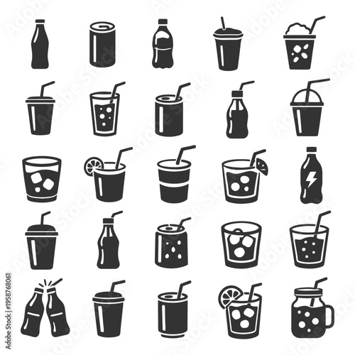Icons of soft drinks and beverages with straws and ice cubes.