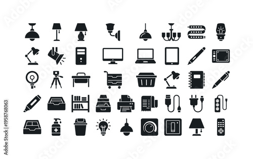 Collection of modern icons representing office supplies and lighting fixtures