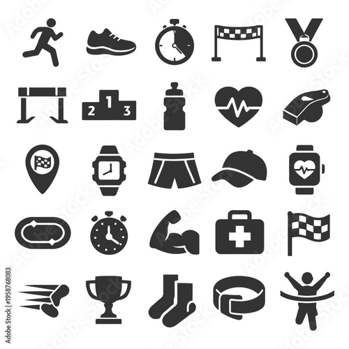 Athletic icons collection featuring running, sports gear, and fitness symbols.