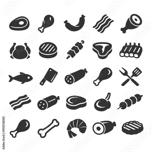 Various meat icons set including chicken, bacon, sausage, and fish silhouettes.