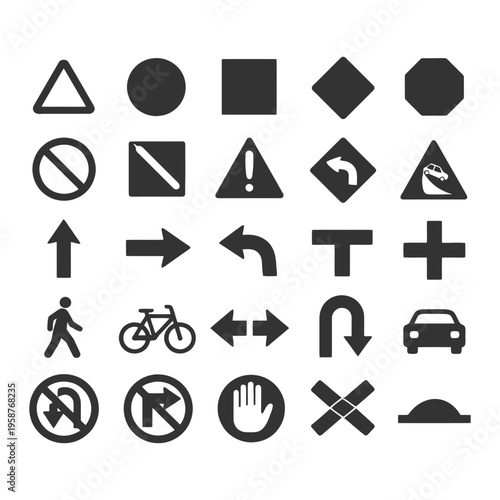 Traffic sign icons collection with arrows, vehicles, and warnings.