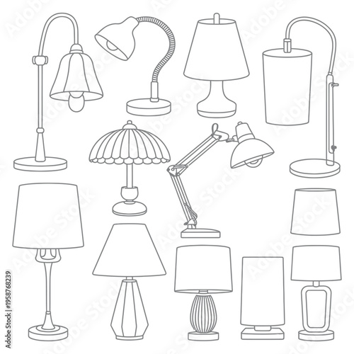 Lamp Sketch Vector Set Featuring Various Lighting Fixtures Isolated on White Background in Hand Drawn Style for Interior Design, Furniture Illustration, Home Decor and Decorative Lighting Elements