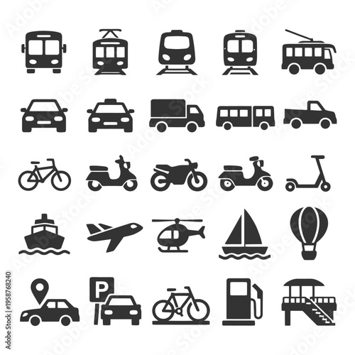 Transport icons set: cars, trains, boats, bicycles, helicopters, planes, scooters.