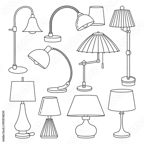 Lamp Sketch Vector Set Featuring Various Lighting Fixtures Isolated on White Background in Hand Drawn Style for Interior Design, Furniture Illustration, Home Decor and Decorative Lighting Elements