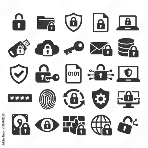 Cyber security icons collection: locks, shields, keys, and data encryption.