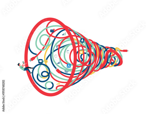Abstract concept of data flow and digital overload with tangled cables and icons