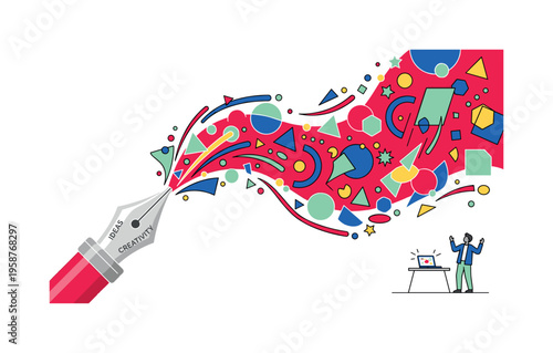 Oversized fountain pen blasting a wave of colorful geometric shapes and ideas