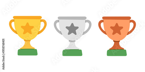 
Gold, silver and bronze trophy cups with star symbols. Minimal award set representing achievement, victory and success levels. Simple colorful prize icons isolated on light background.