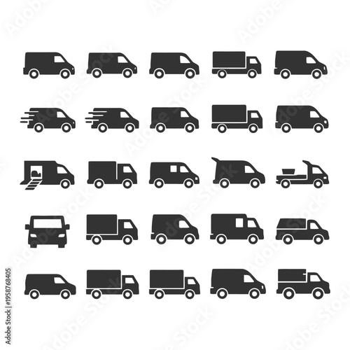 Collection of various delivery and service van icons in black silhouette.