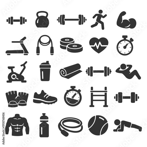 Silhouette icons of gym equipment and fitness activities for health enthusiasts.