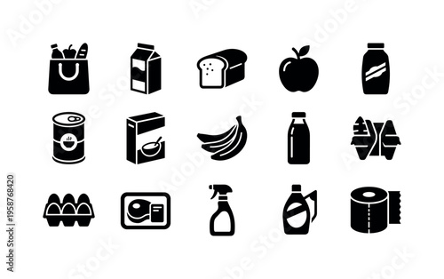 Collection of grocery and household item icons on a white background