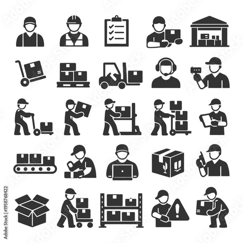 Logistics and delivery icons: workers, equipment, packages, warehouse operations.