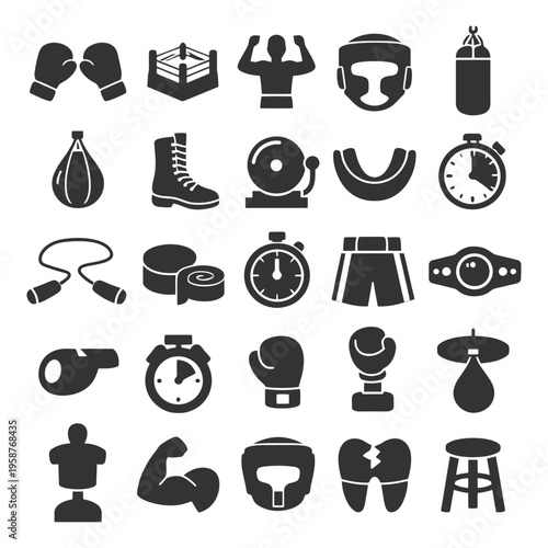 Boxing icons collection: gloves, ring, timer, gear, punching bag.