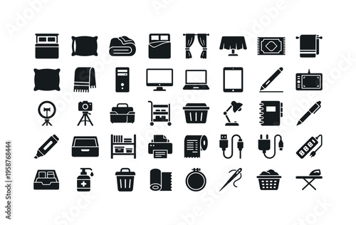 Collection of everyday objects and home textiles icons for design