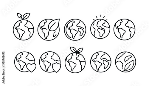 Collection of simple line art icons representing planet Earth with ecological symbols