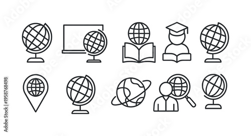 Collection of simple line icons representing education and global concepts