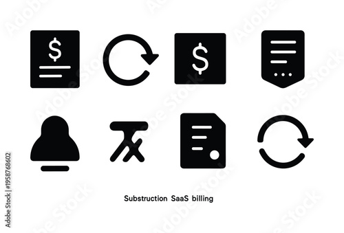 SaaS billing icons set featuring dollar, refresh, and document symbols