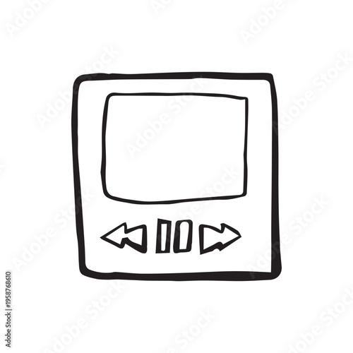 Portable music player with screen and control buttons, hand drawn doodle illustration. MP3 player sketch, bold outline, black on white. Music and audio concept design.