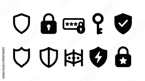 Collection of security and protection icons including shields, locks, and keys