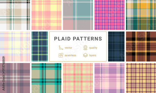 Stylish plaid collection branding kits. Distinct tartan identities strengthen visual systems. Vector construction supports customization.