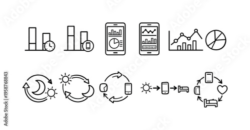 Collection of icons representing data analysis, time management, and daily cycles