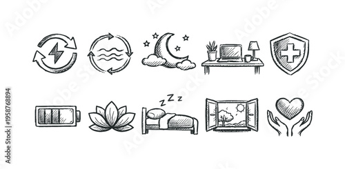 Collection of hand-drawn icons representing self-care and recovery concepts