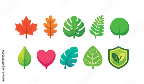Collection of colorful and diverse leaf icons representing nature and protection