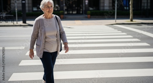 Elderly woman crossing urban street with calm expression and stylish attire. Urban setting showcases city life as she walks confidently, embracing independence in her daily routine.