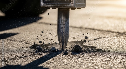 Excavator breaking pavement with sharp chisel piercing asphalt surface, creating debris and dust. Excavator action clearly displayed in construction site setting.