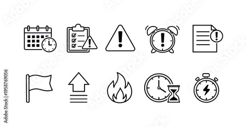 Set of icons representing tasks, deadlines, alerts, and time management concepts