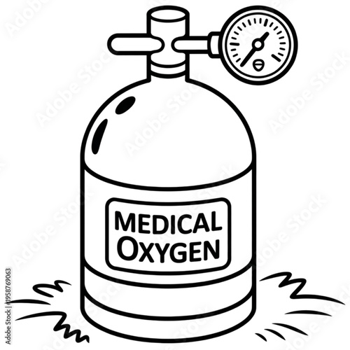 Black and white line art of a medical oxygen cylinder with a regulator and pressure gauge.